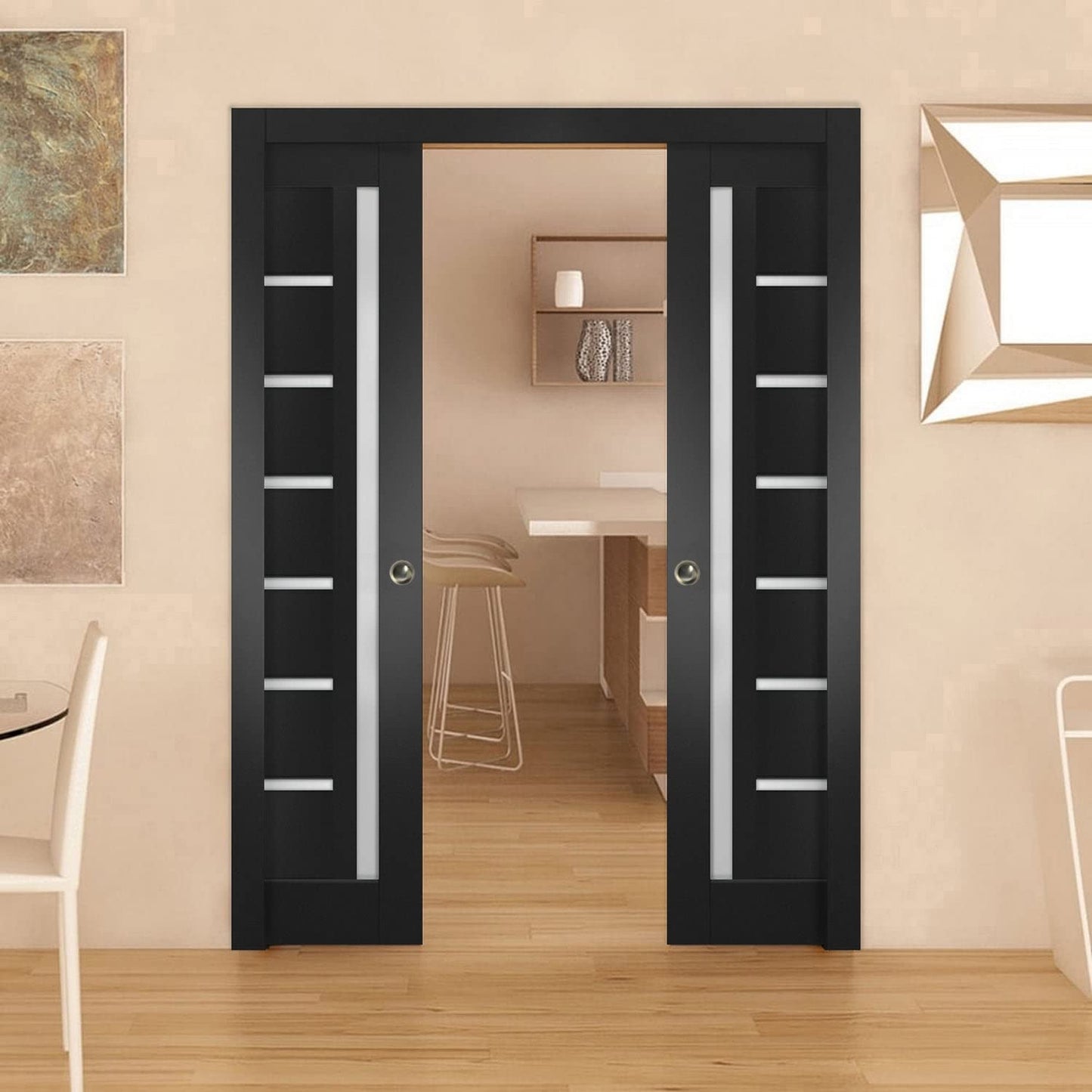 SARTODOORS Slab Barn Door Panel 24 x 96 inches | Quadro 4088 Matte Black with Frosted Glass | Sturdy Finished Doors | Pocket Closet Sliding