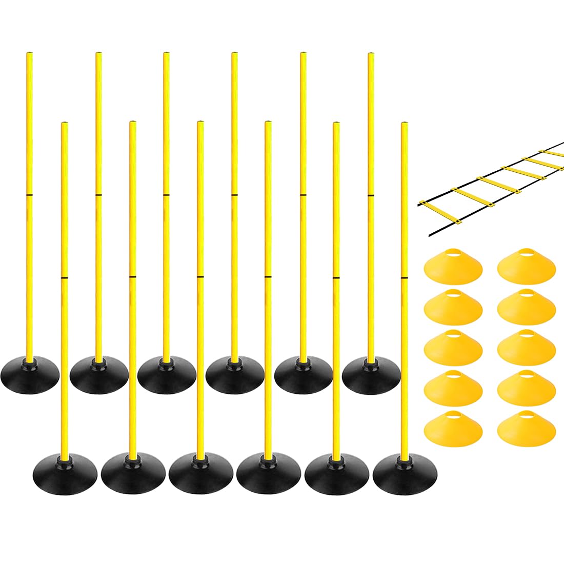 TNZMART 4.9FT Training Agility Poles Set Detachable Soccer Training Sticks Slalom Poles with 10 Disc Cones and Speed Ladder (Pack of 12, Yellow)