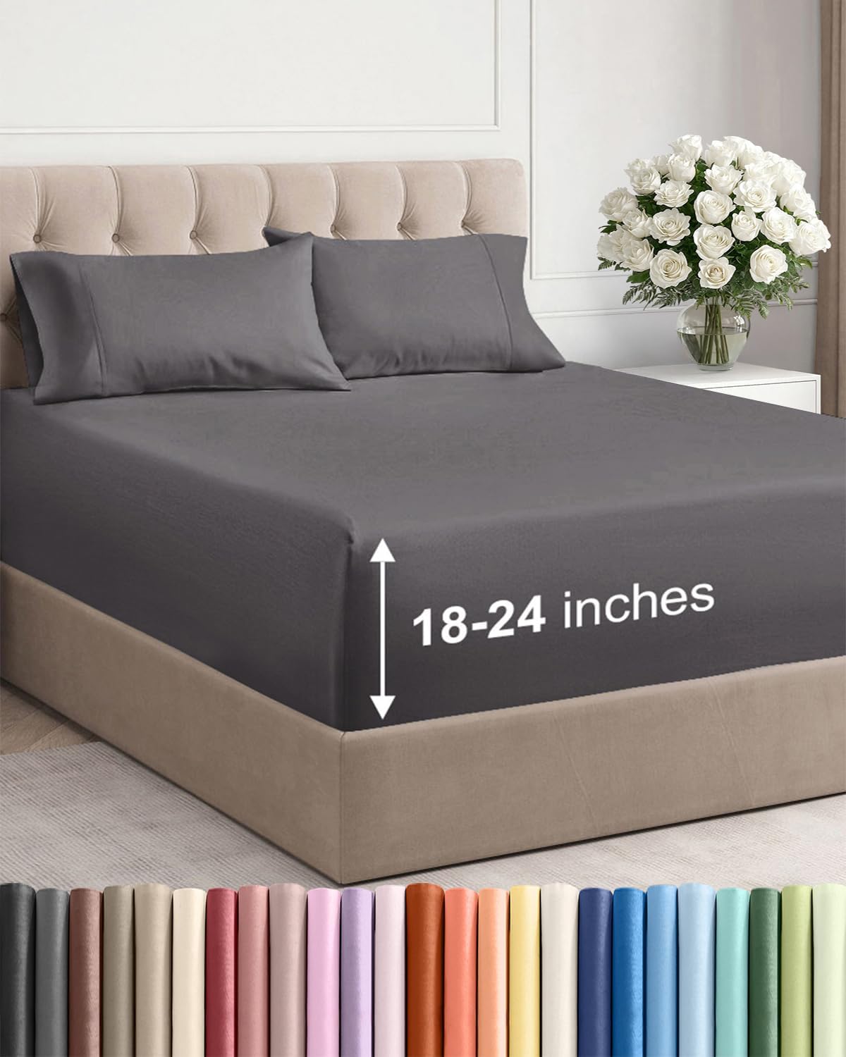 Skiennix Extra Deep Twin Sheet Set - 4-Piece Cooling & Breathable Bedding - Soft, Wrinkle-Free Grey