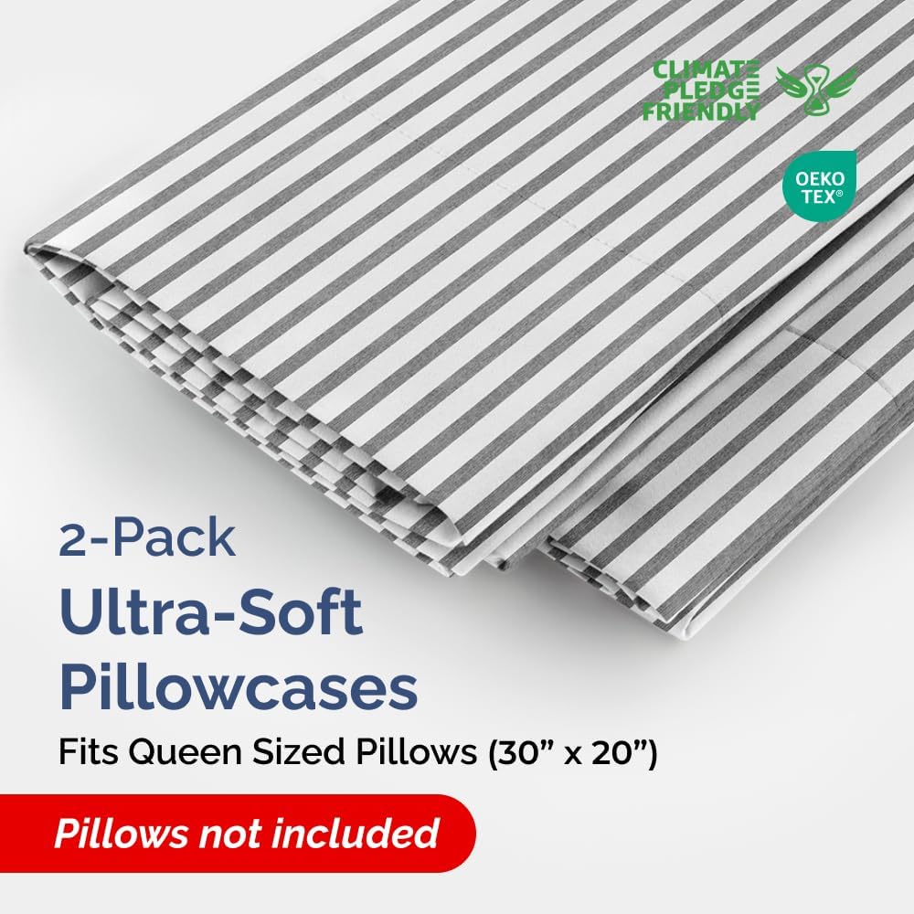 Skiennix Queen Pillow Cases Set of 2 - Ultra Soft Hotel Quality - Wrinkle Free & Fade Resistant - Grey Stripes
