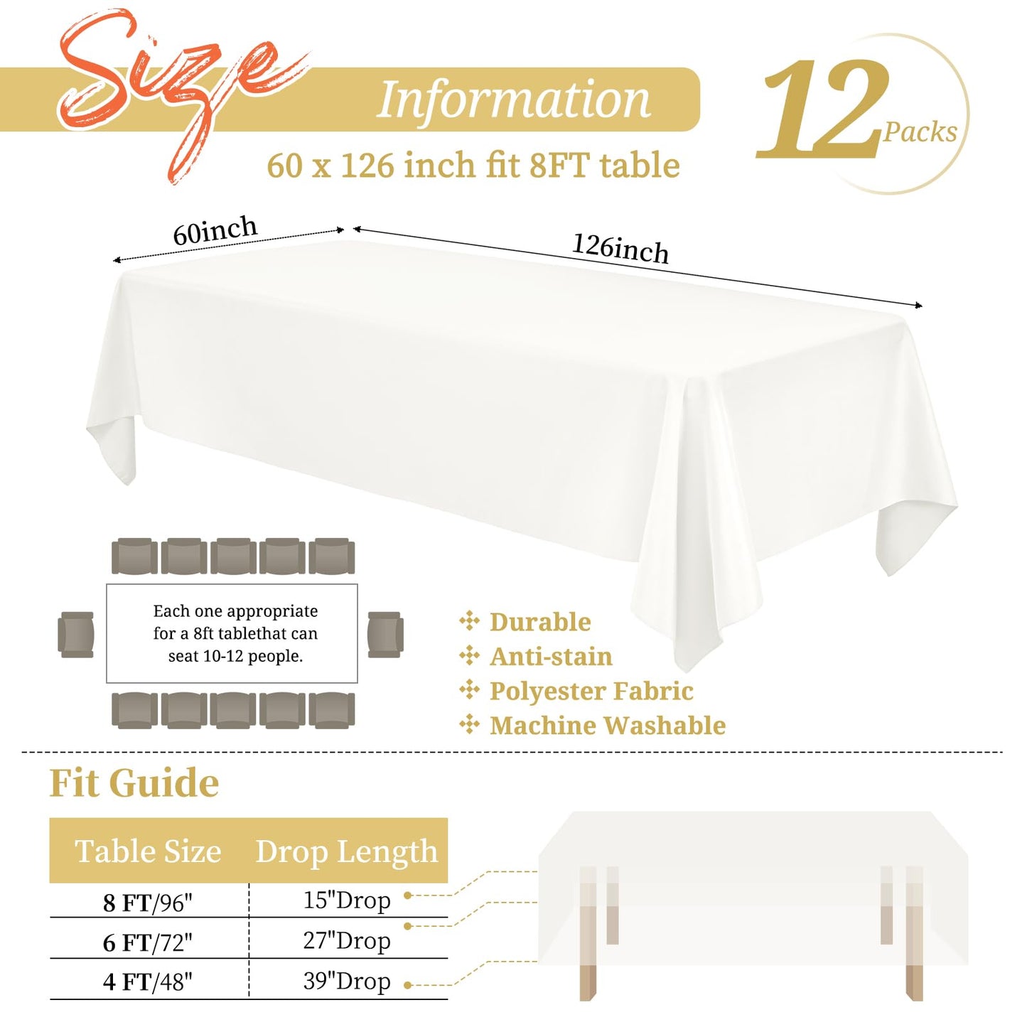 Showgeous 12 Pack Ivory Rectangle Tablecloth, 60 x 126 Inch, Wrinkle & Fade Resistant, Polyester, Perfect for 8 Foot Rectangle Tables, Wedding Parties, Banquet Dinners