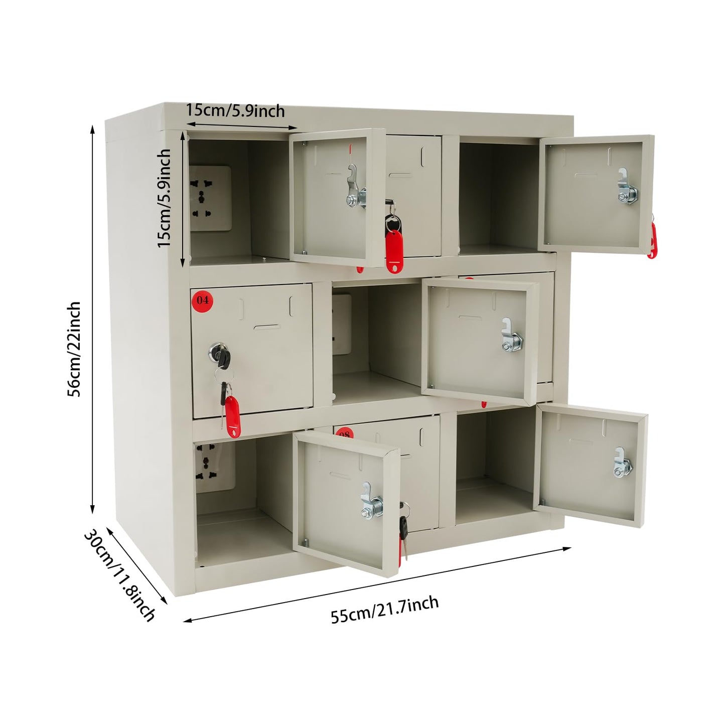 QUEWATSA 9 Slots Cell Phone Locker, Cell Mobile Phone Steel Locker, Cell Phone Locker with Charging Station, Rechargeable Mobile Phone Storage Cabinet with Individual Charging Outlets