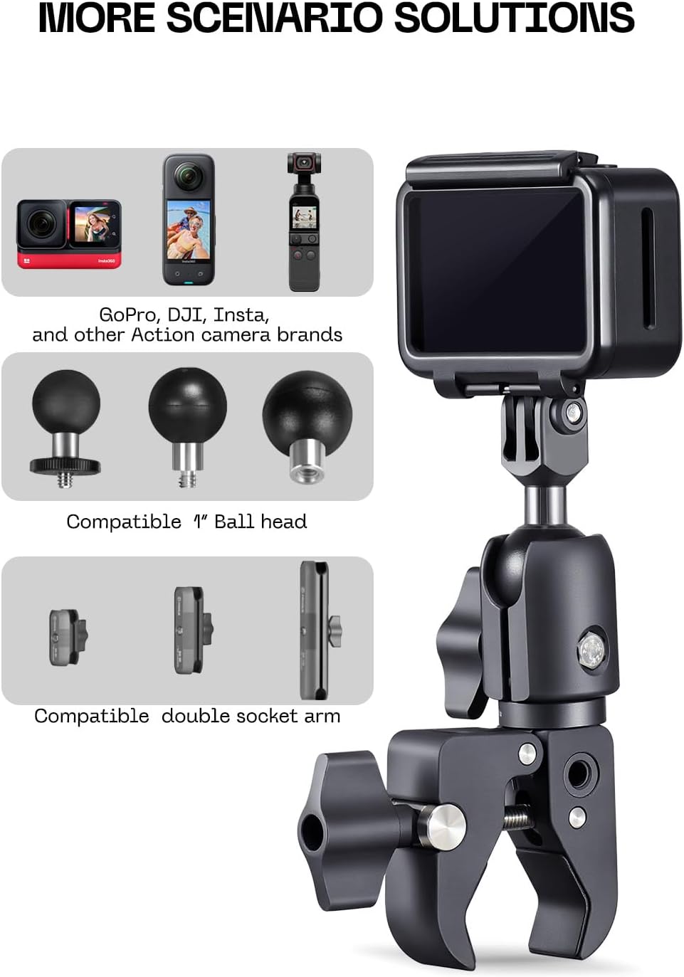 FANAUE 1" Action Camera Universal Ball Adapter with Handlebar Base Mount Strong Rod Clamp,B Size Ball Compatible Gopro