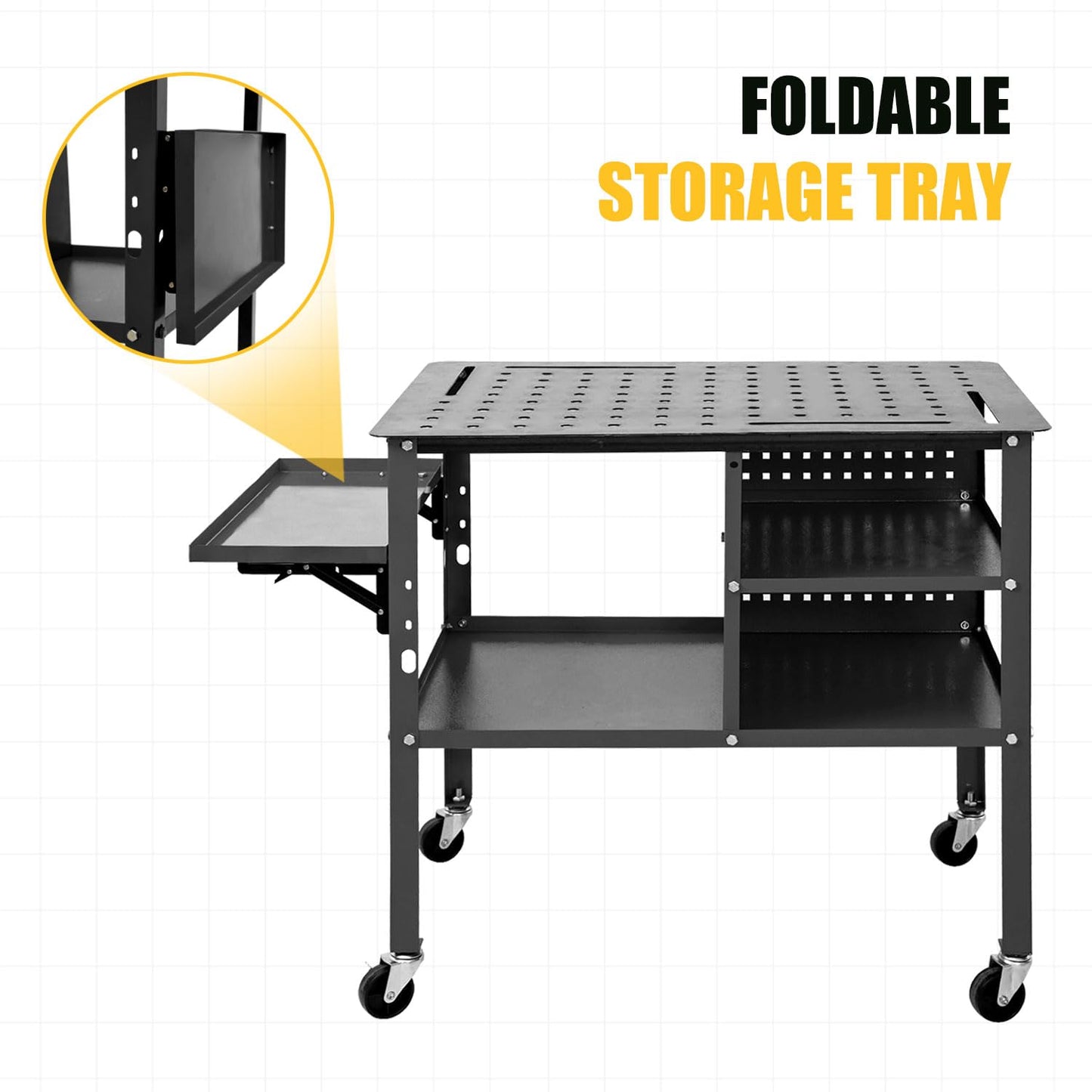 DIYTUNINGS Welding Table 1200 lbs Load Capacity Workbench, Movable Steel Workstation with Foldable Tray, 36" X 24"Universal Work Table for Sawing