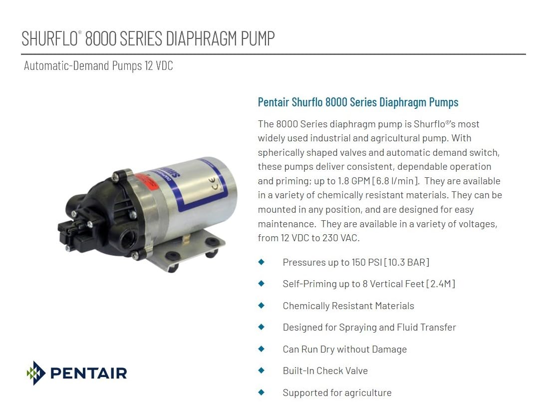PENTAIR SHURFLO 8000-543-236 Diaphragm Pump, 12VDC Automatic Demand Water Pump, 1.8 GPM 50 PSI Agricultural Sprayer Pump, Chemical Resistant Transfer Pump for Irrigation, Lawn, Farm and Spray Systems