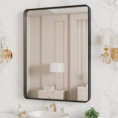 LOAAO Black Metal Framed Bathroom Mirror - 20x16 Inch Rounded Rectangle, Anti-Rust, Versatile Hanging Options