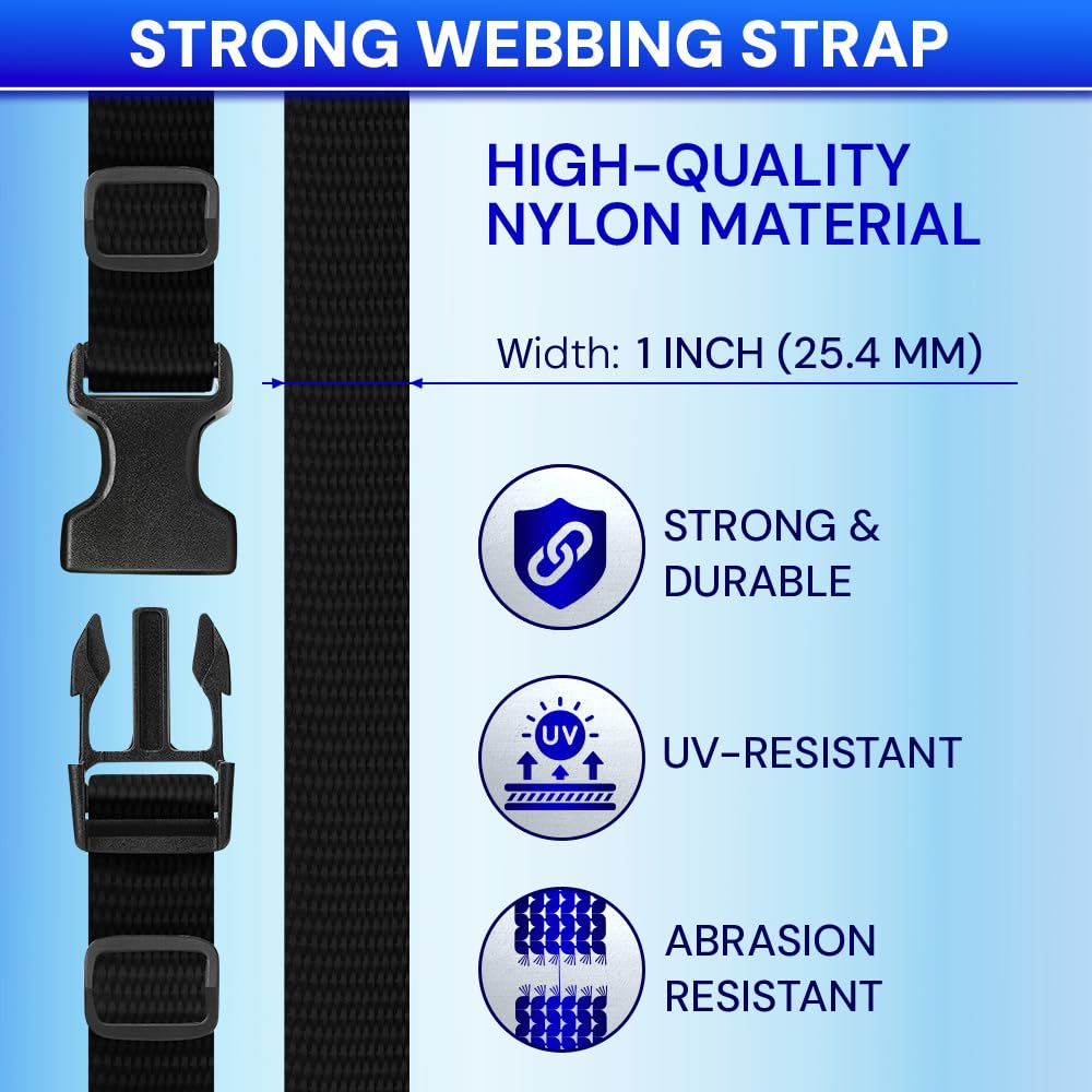 TECEUM Buckles & Strap Kit – 1" Black Nylon Webbing 6 (yd) – 6 Heavy Duty Adjustable Plastic Buckles – 12 Tri-Glide Slide Clips – 6 Metal D-Ring – Ideal Straps for Arts Crafts Outdoors Indoors DIY