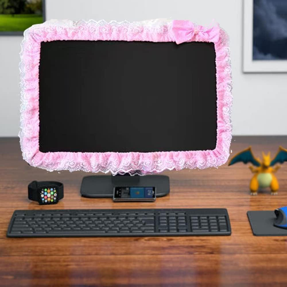 (17''-22''Pink) Computer Monitor Cover with Lovely Cute Elastic Pen Pocket Bow-knot TV LCD Screen Monitor Decoration