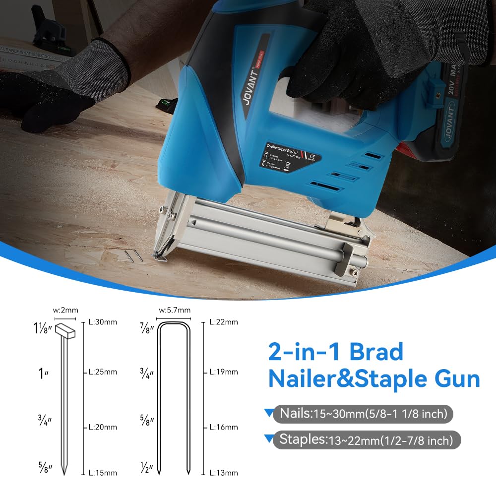 2 in 1 Nail Gun Battery Powered, 20V Cordless Nail Gun,4 * 80pcs Nails, 4 * 88pcs Staples, with Staple Puller, 2 * 2.0Ah Li-Ion Batteries and 2.4A Charger, Brad Nailer for Home Improvement & DIY