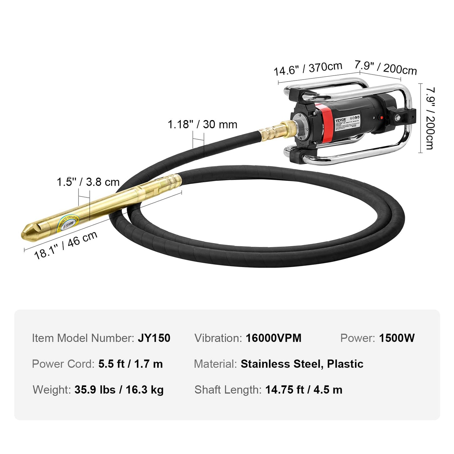 VEVOR Concrete Vibrator, 1300W Power, 16000 Vibrations Per Minute, Durable 2HP Copper Engine, Portable for Construction, Comes with 14.75ft Shaft, Ideal for Removing Air Pockets & Smoothing