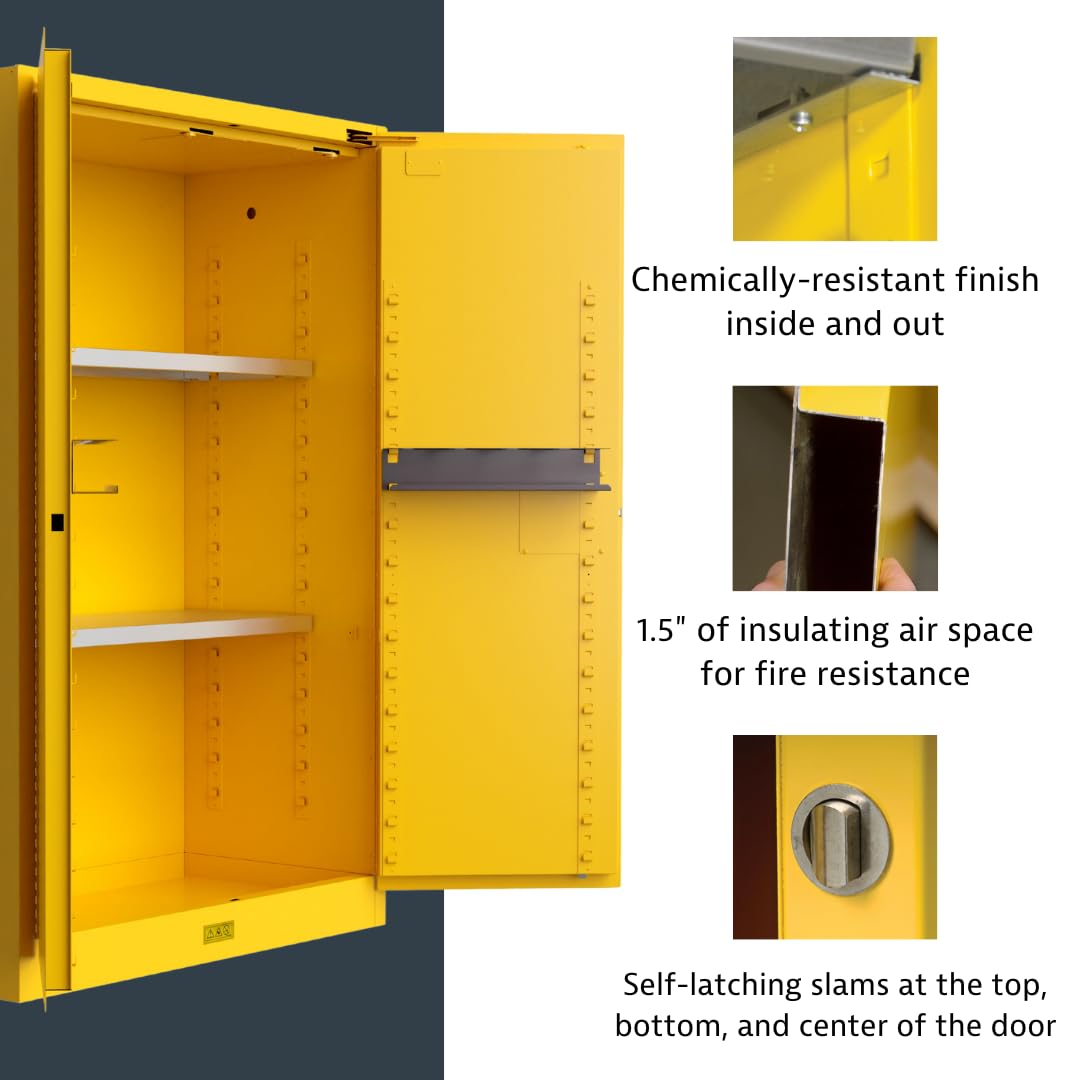 Justrite Utili-Guard 30 Gallon Self Close Flammable Storage Cabinet with 2 Shelf Accessories - 18 Gauge Steel - 2 Door Fire Cabinet - 44" x 43" x 22" - Made in The USA - Yellow - U893020