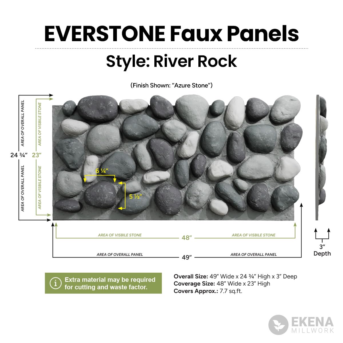 EverStone River Rock Faux Rock Panel, 49"W x 24 3/4"H x 3"D, Pebble Mix Color