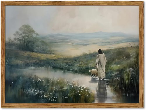 Framed Jesus Wall Art - Christian Decor Featuring Jesus and Lamb | 12x16 Inch Canvas Print