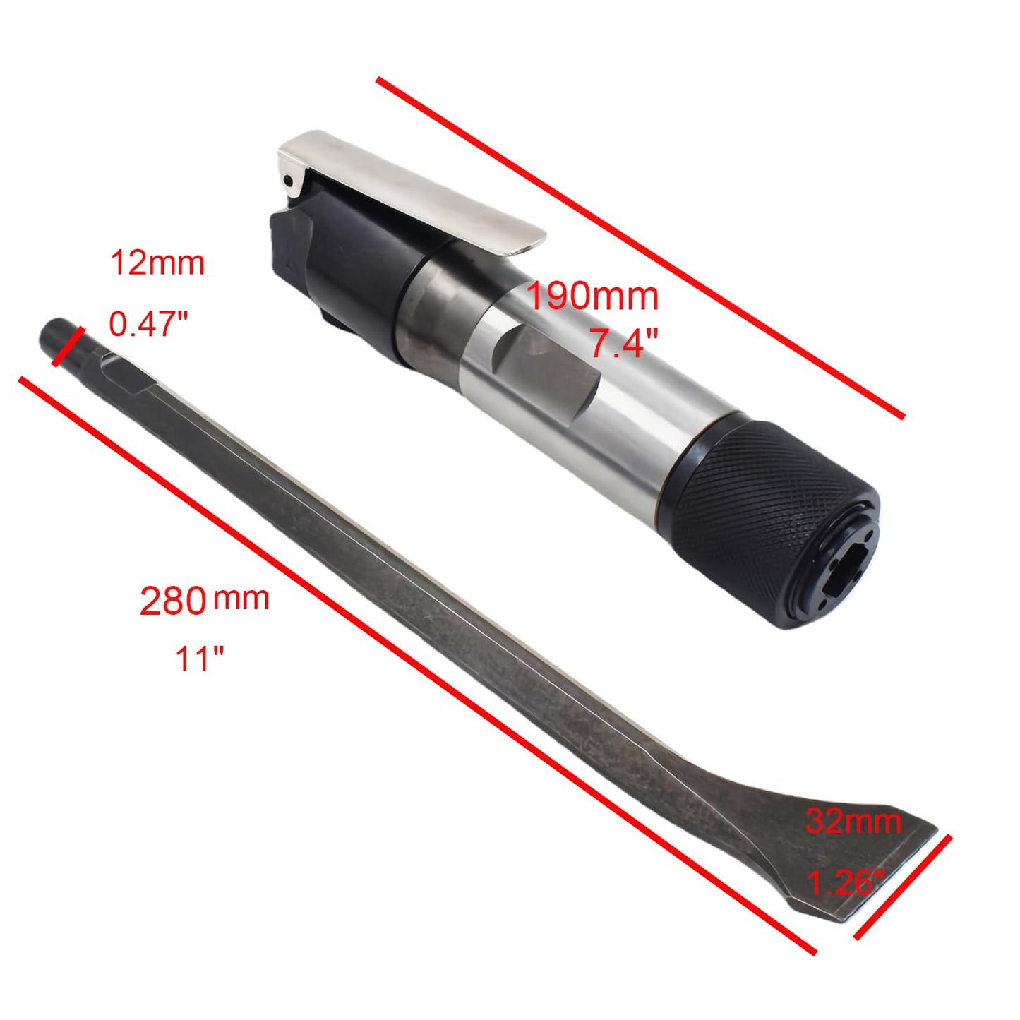 Pneumatic Chipper Hammer Air Flux Straight Shovel Chisel For Rust Removal Demolition Auto Body Work Concrete Demolition Weld Slag Removal Masonry Surface Prep With Extended Chisel Diameter 12mm 0.47"