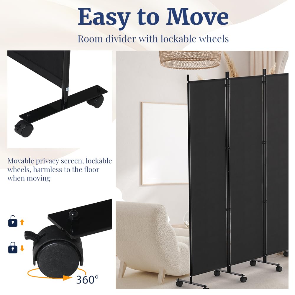 Kokorona 6 Panel Room Divider, 6FT Tall Rolling Privacy Screen with Lockable Wheels, Folding Wall Dividers Portable Room Divider for Room Separation, Included - Cover Strips, Black, 119''W x 70''H