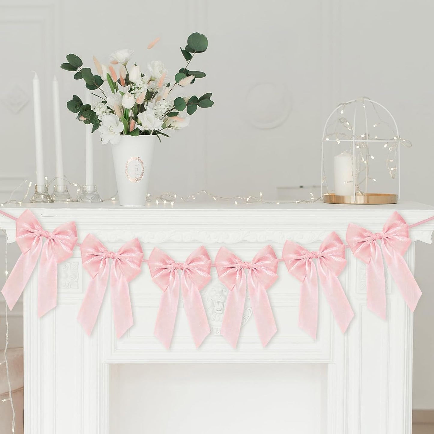Skiennix 6.5ft Pink Bows Garland Banner - 6 Pcs Pre-Strung Bow Party Decorations for Birthdays & Showers