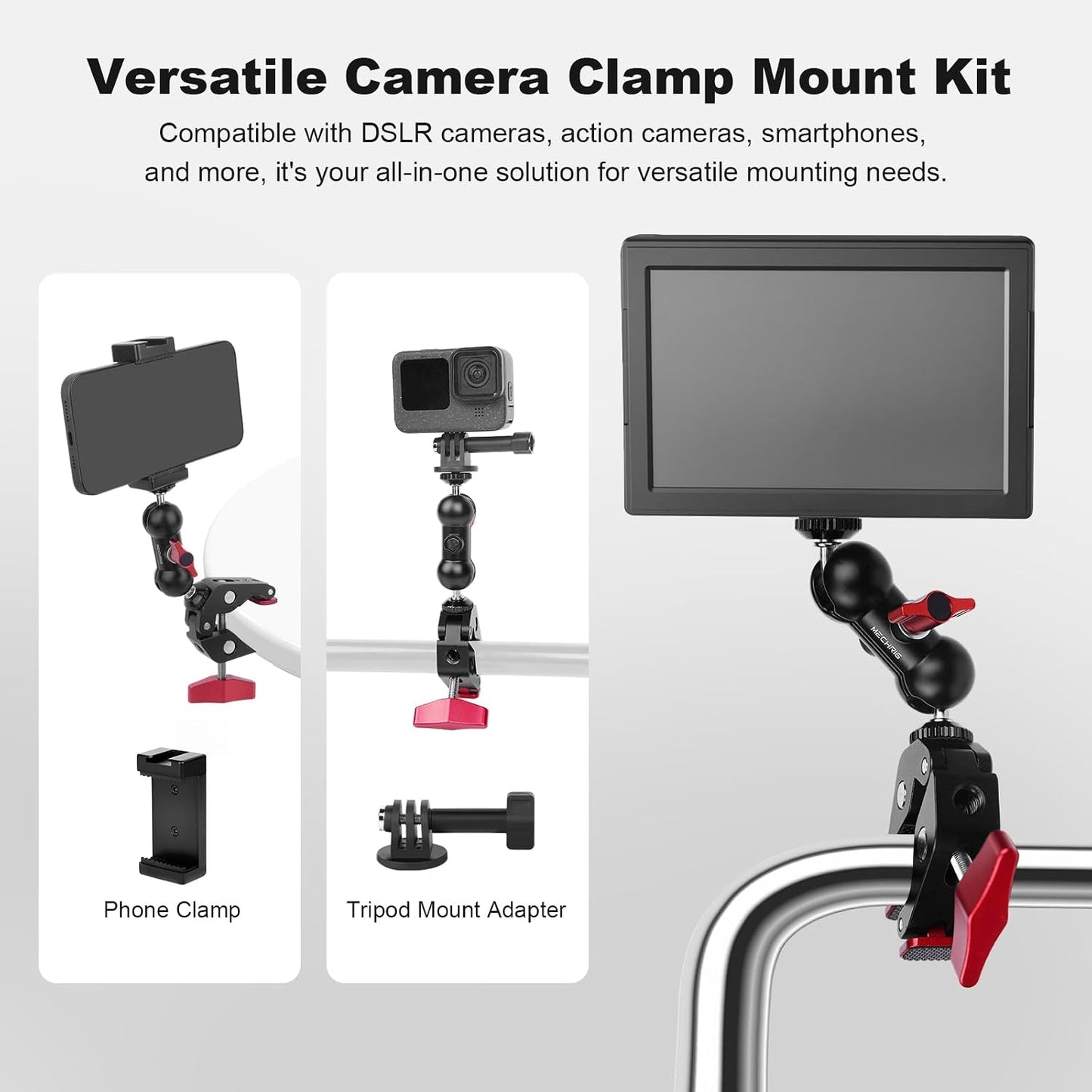 Mechrig (SY006) Super Clamp with Dual Ballhead Magic Arm, Aluminum Camera Clamp Mount Kit for DSLR Action