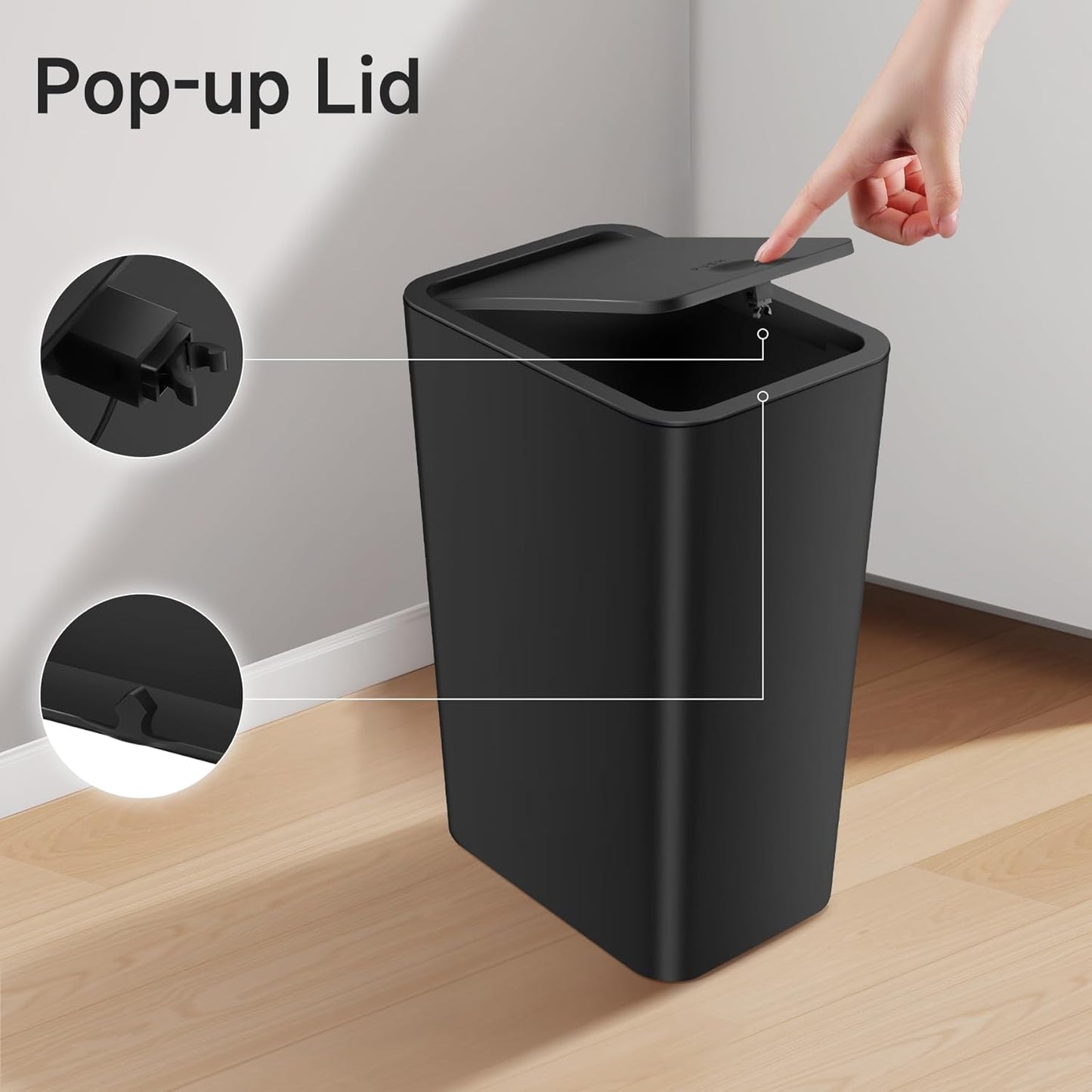 TIPGO Bathroom Trash Can - 4 Gallon Press Top Wastebasket with Pop-Up Lid | Black Plastic Design for Home & Office