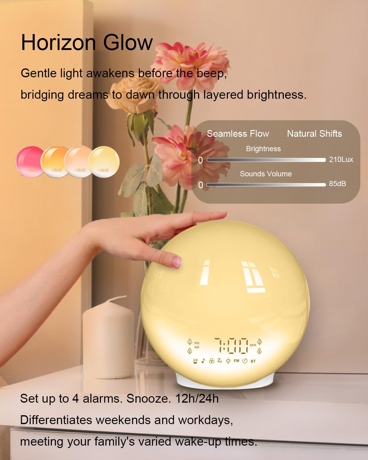 4 Smart Sunrise Alarm Clock with No Signup APP Control & Wake-Up Light, Alarms, White Noise, FM Radio, Wireless