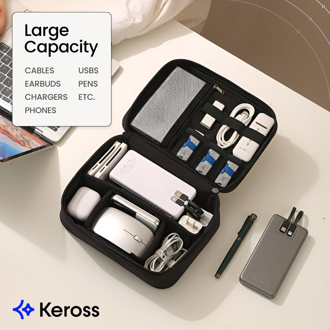 Keross Cable Organizer Bag for Travel with Removable Dividers Electronics Organizer Case for Chargers, Cables, Power