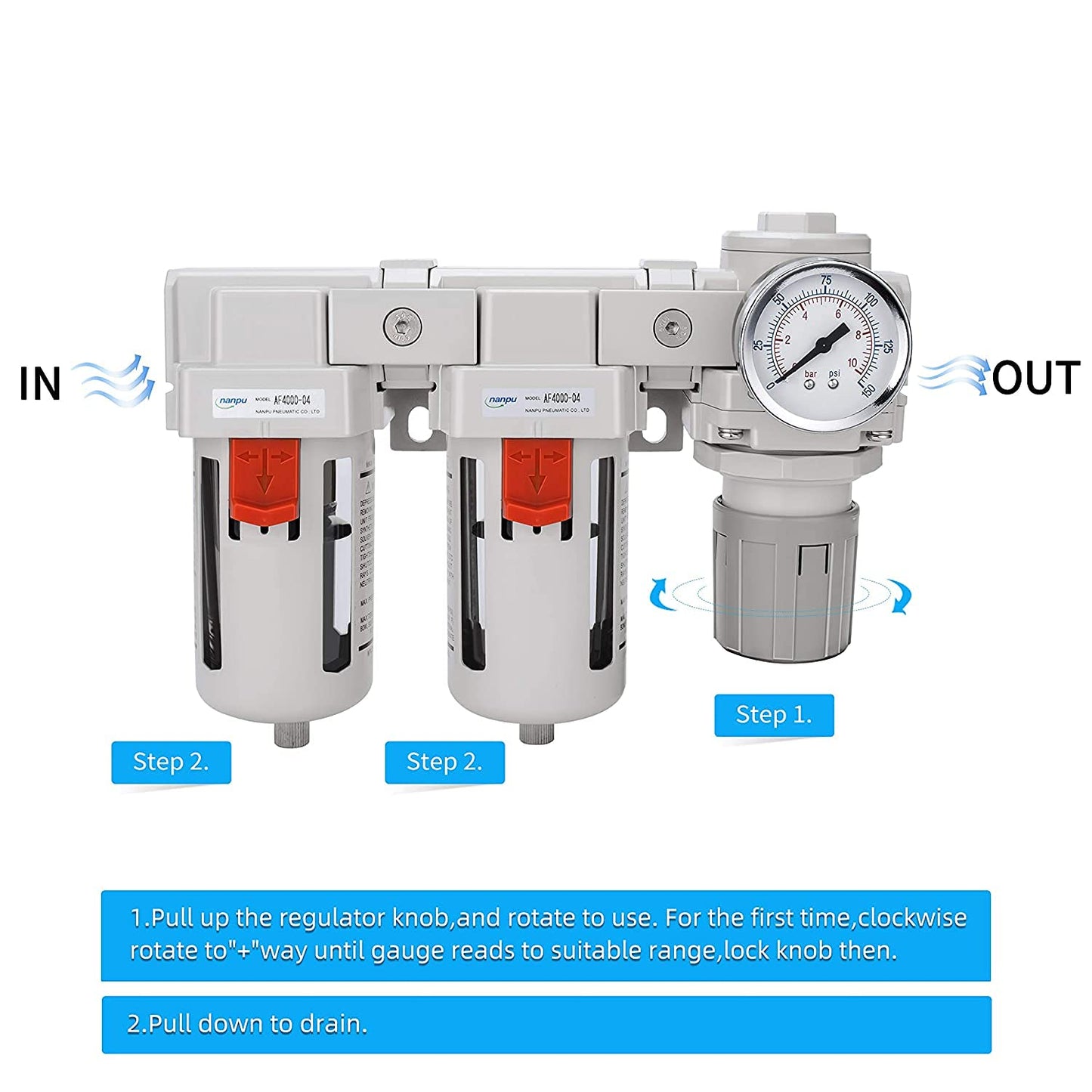 NANPU 3/4" NPT Air Drying System - Double Air Filters, Air Pressure Regulator Combo - Semi-Auto Drain, Poly Bowl
