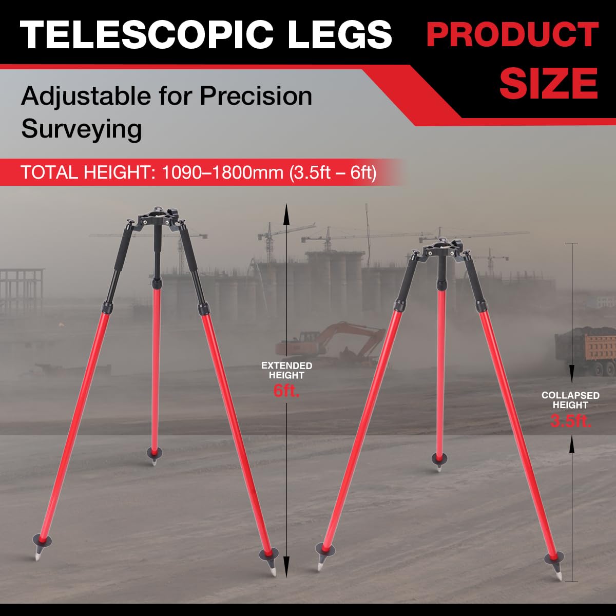 MOETER Aluminum Surveying Tripod with Thumb Release – Surveyor Tripod for Prism Poles, GPS Rods, GNSS Poles – Adjustable Telescopic Survey for Total Station Use (Red)