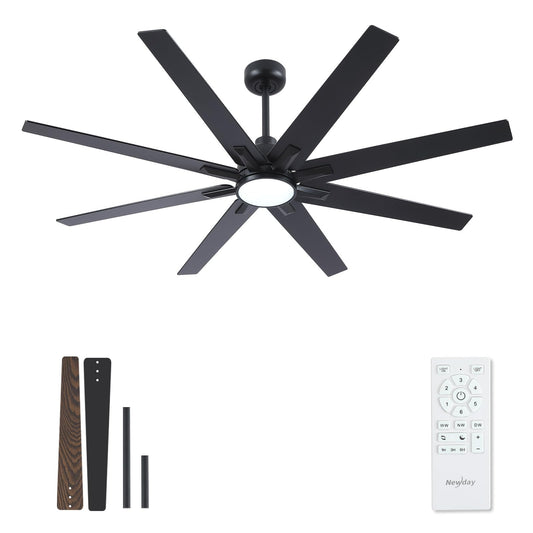 Newday 62 inch Large Ceiling Fans with Lights and Remote, Indoor/Outdoor Black Ceiling Fan for Living Room Patio, 6 Speeds Slient Reversible DC Motor, 3CCT, Timer, 2 Downrods, 8 Blades