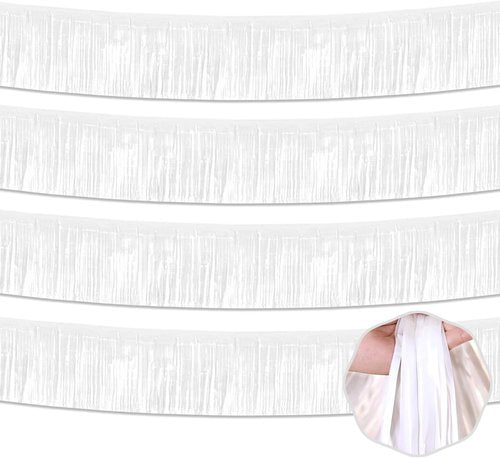 10 Ft White Foil Fringe Garland - Metallic Tinsel Streamers for Party Decorations | 4 Pack