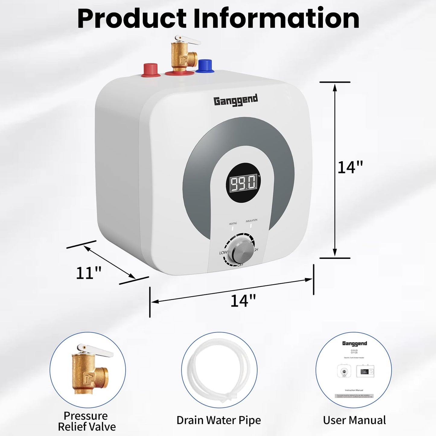 Ganggend 4 Gallon Under Sink Water Heater, 110V 1500W Electric Mini Tank Hot Water Heater with Digital Temp Display and Pressure Relief Valve, Compact for RV, Camper, Food Truck, Kitchen Sink, Laundry