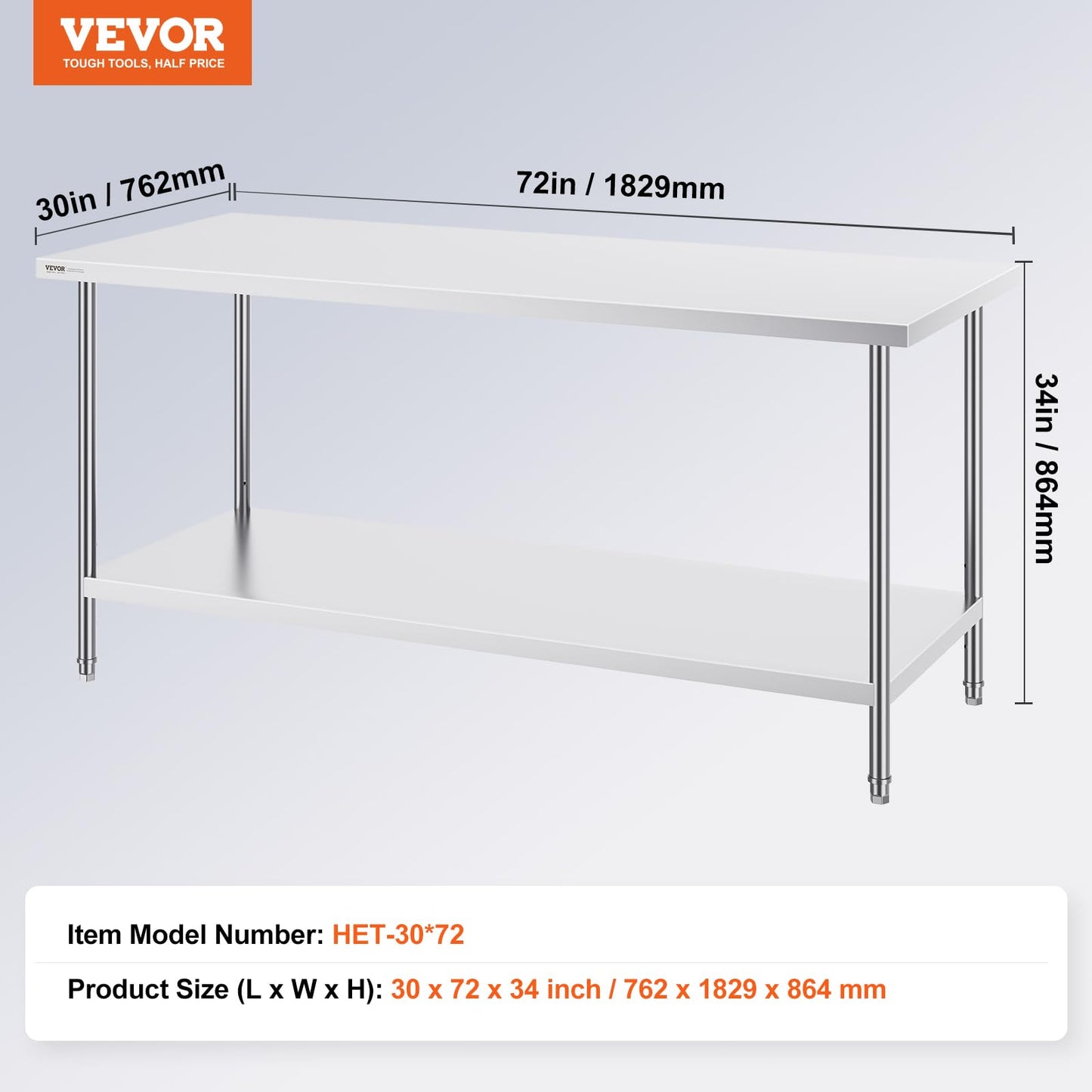 VEVOR Stainless Steel Prep Table, 30 x 72 x 34 Inch, 920 lbs Load Capacity, Heavy Duty Metal Worktable with 3 Adjustable Height Levels, Commercial Workstation for Kitchen Garage Restaurant Backyard