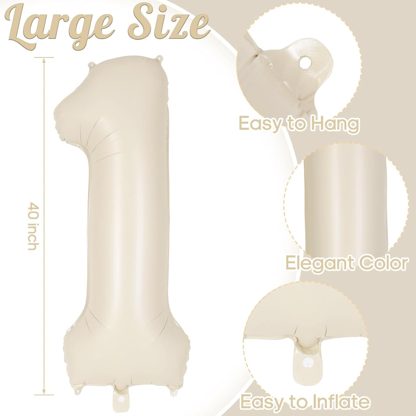 Skiennix Jumbo 40-Inch Number 1 Balloon - Giant Beige Mylar Foil for First Birthday Celebrations