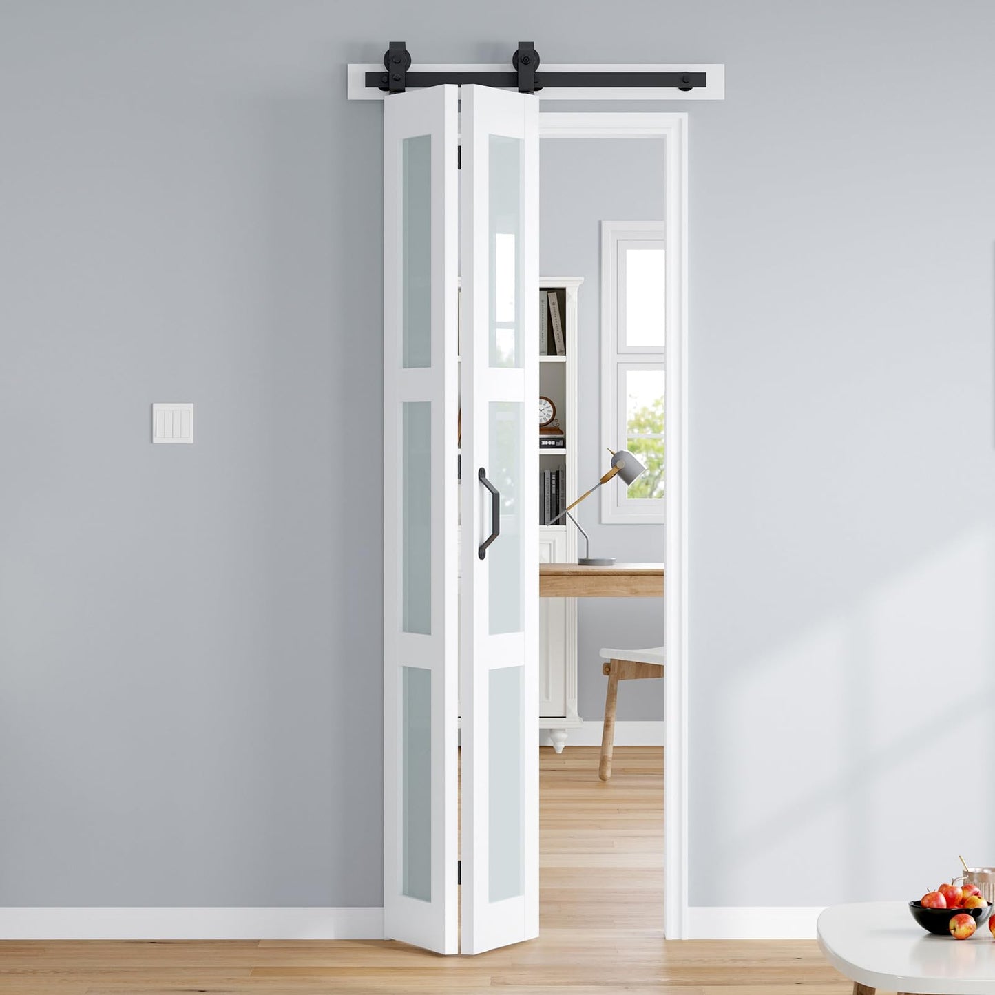ROYMELO Bifold Barn Door 32x84 Inch (Double 16x84), White Frosted Glass Bifolding Doors with 36" Hardware Kit Included, Closet Sliding Wood Panel Slab, Save Space, Simple DIY Assembly