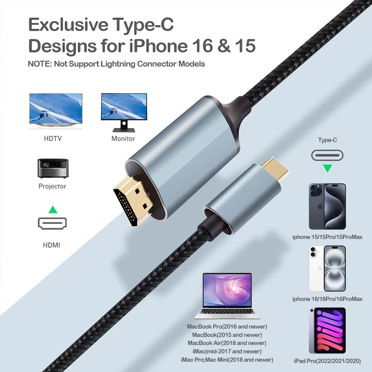 17 16 15 6.6FT, 1080P USB-C to HDMI Adapter Cable for iPhone / / HD, YouTube to TV Output Compatibility, Projector
