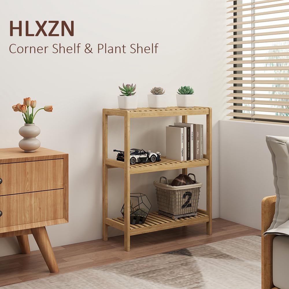 HLXZN 3-Tier Bamboo Freestanding Shelf Unit, Multifunctional Small Bookshelf Bookcase for Bathroom, Kitchen, Living Room, Office