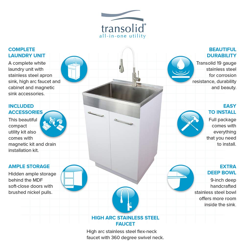 Transolid TCAB-2420-WSW 24-in All-in-One Laundry Cabinet Sink, Stainless Steel High Arc Faucet, and Basket in White