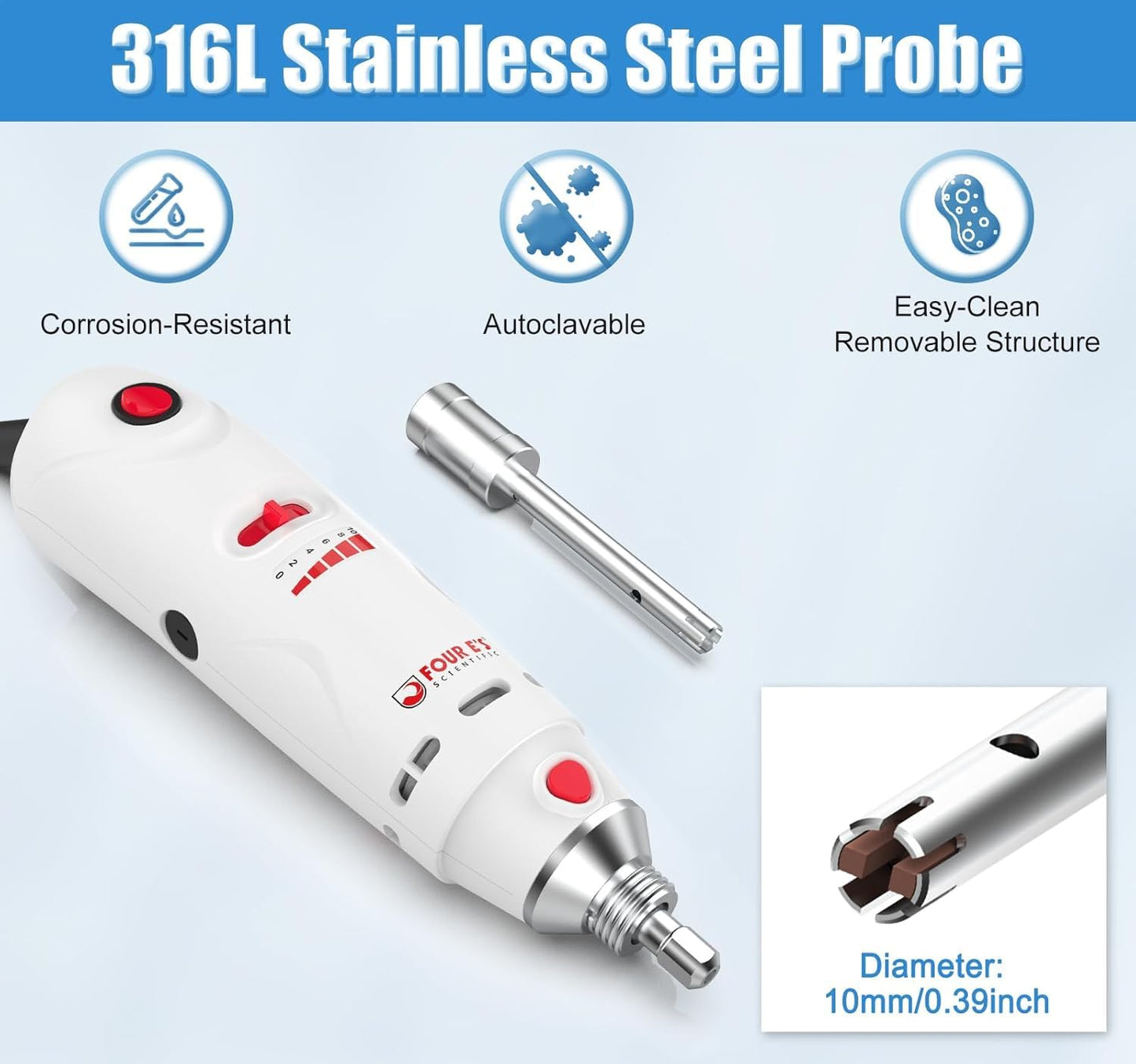FOUR E'S SCIENTIFIC Lab Homogenizer 8000-30000rpm with Stand, High-Speed Handheld Homogenizer Emulsifier with a 10mm 316L Stainless Steel Probe 1mL-250mL