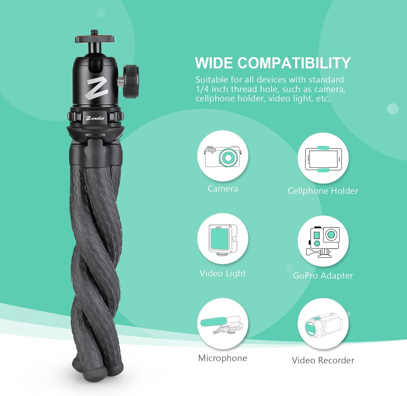 Zeadio Flexible Tripod Kit with Metal Ball Head for Cameras and Smartphones