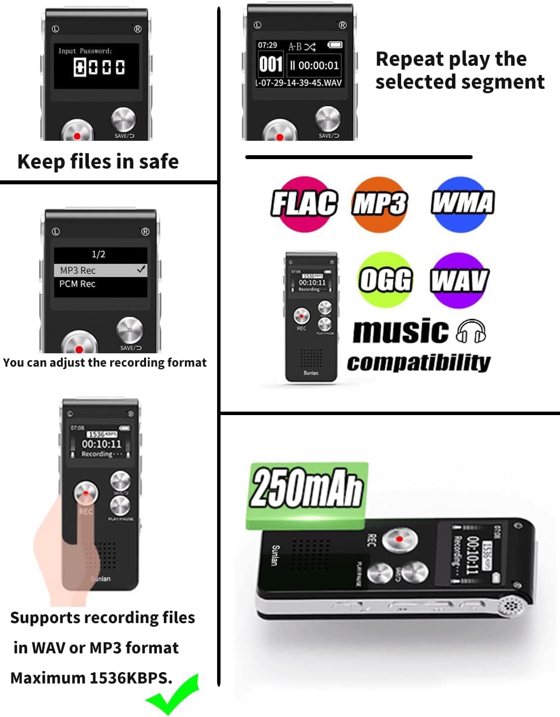 Sunlan 16GB Digital Voice Recorder Voice Recorder with Playback for Lectures - USB Rechargeable Dictaphone Upgraded