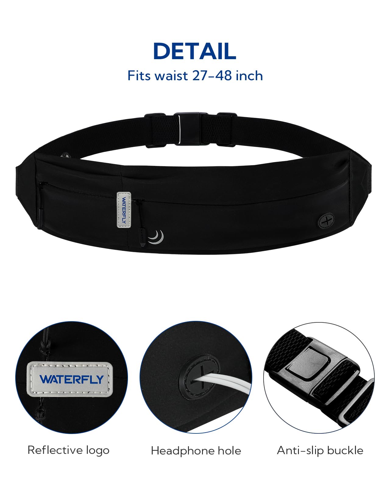 WATERFLY Running Belt Fanny Pack: Runner Marathon Jogging Waist Pack Sport Workout Exercise Fitness Phone Holder Belt for Men Women Jogger Slim Waist Bag Black