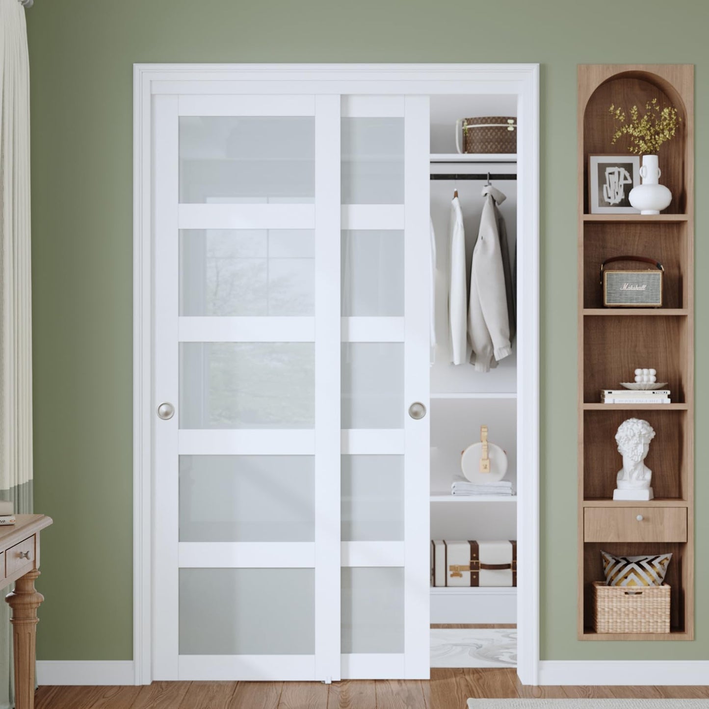 Finosen Bypass Sliding Closet Door Slab, 48 x 80 in (Double 25 inch), 5-Lite Frosted Glass, Barn Door with Hardware Kit Included, Need to Assemble, MDF with PVC Surface, White