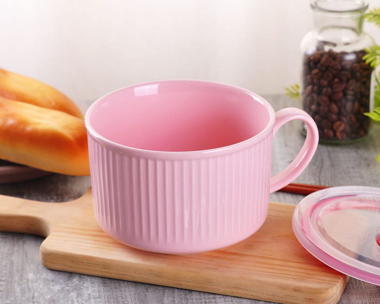 WHJY 30oz Ceramic Bowl with Lid and Handle for Soup and Instant Noodles Mug, Modern Simple Style, with Heat Preservation Handle - Pink