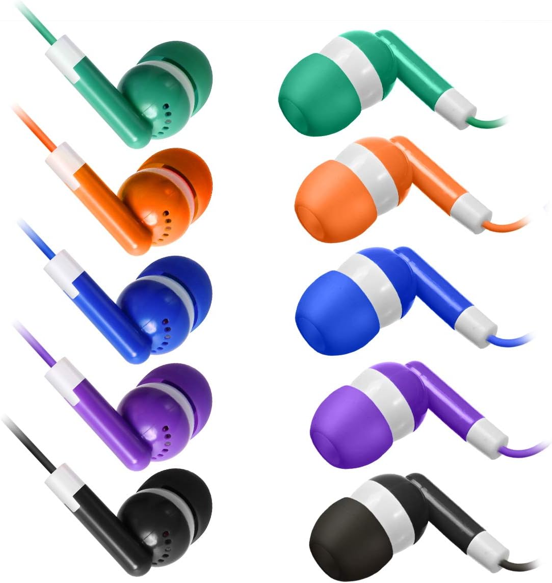 30 Pack 5 Keewonda Multi Color Earbuds for Kids, In-Ear, Wired, Colors (Black, Blue, Orange, Green, Purple), Compatible