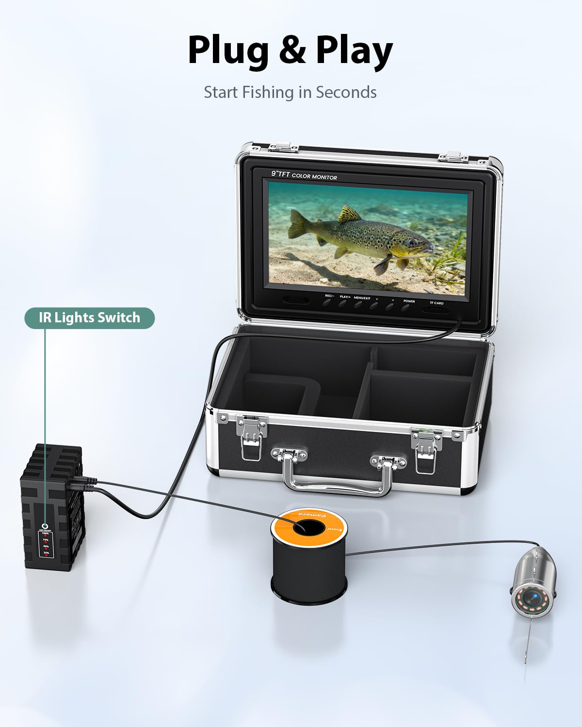 Eyoyo Underwater Fishing Camera Portable Video Fish Finder 9 inch LCD Monitor 1000TVL Waterproof Camera Underwater DVR Video Fish Cam 30m Cable 12pcs IR Infrared Lights for Ice, Boat and Lake Fishing