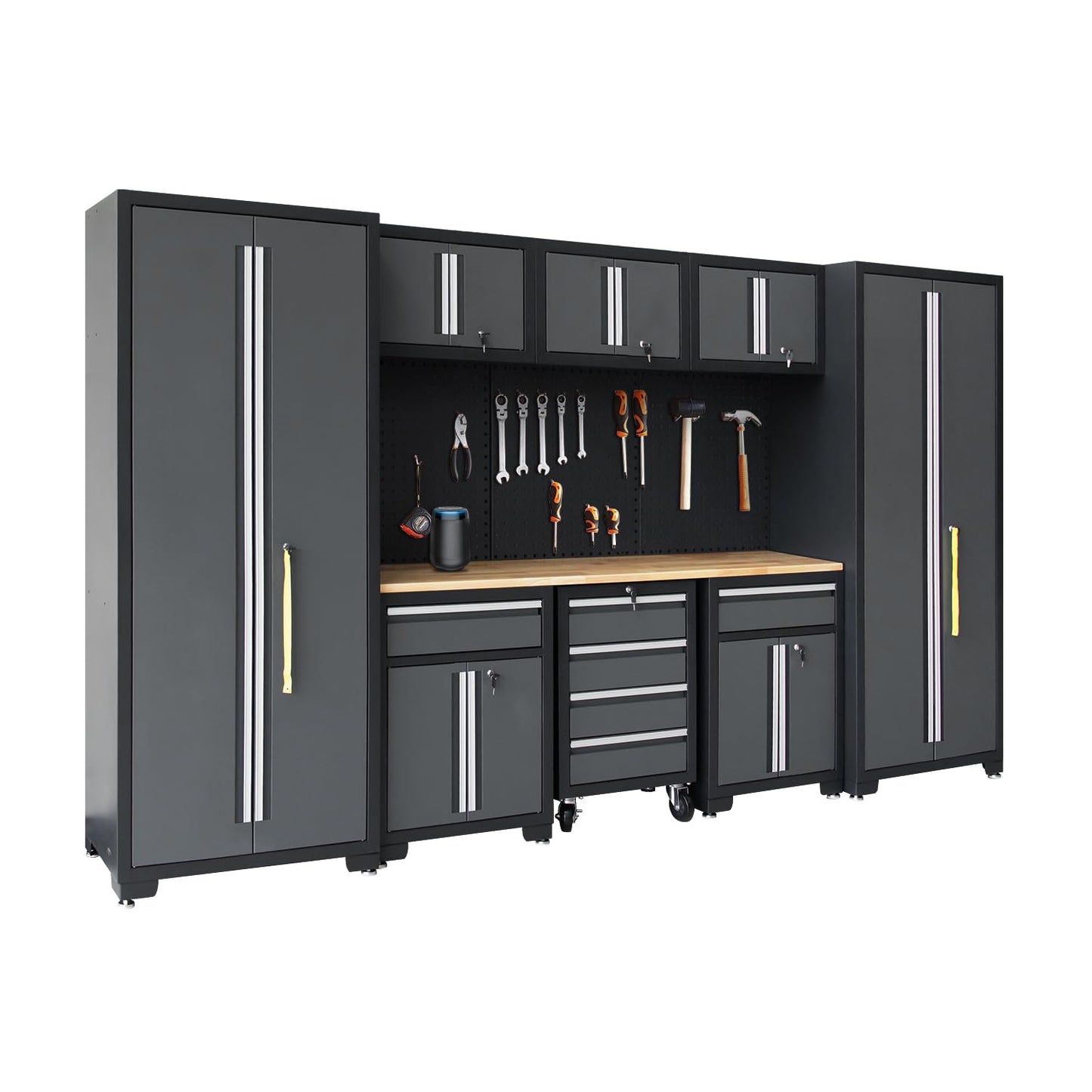 HPDMC Garage Storage Cabinet System 9-Pcs Workshop Set Garage Cabinets and Storage System with Steel Cabinet Drawers, Rolling Chest, Workbench, Pegboard for Garage Tool Organization, Black and Grey