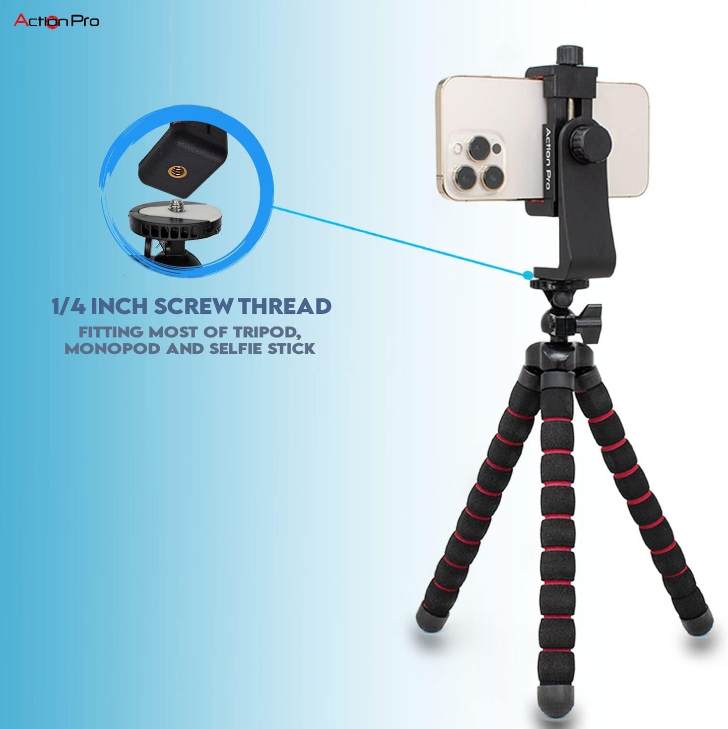 Action Pro 360 1/4 inch Phone Holder/Vertical and Horizontal Tripod Mount Adapter Rotatable Bracket with Screw