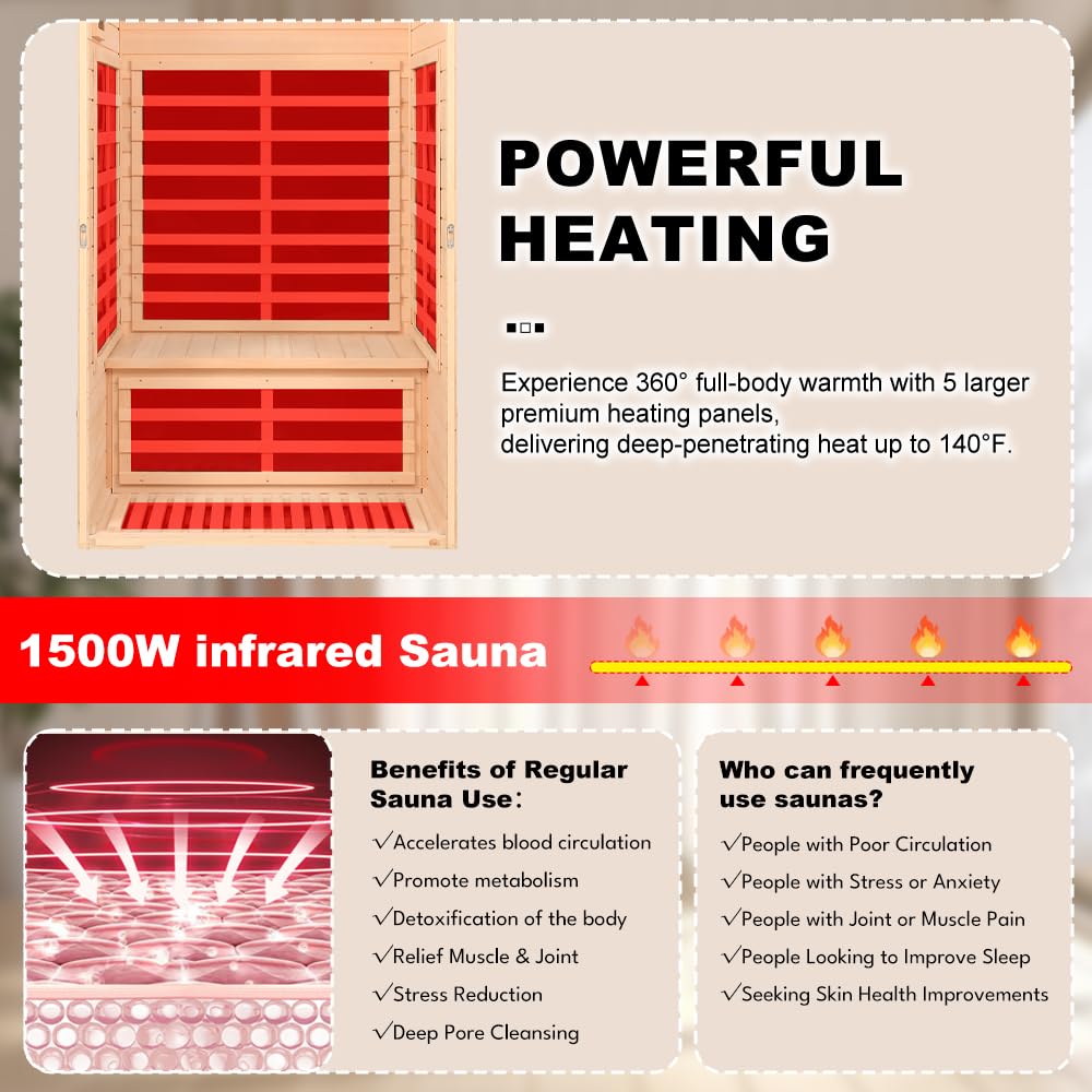 2 Person Infrared Saunas for Home Spa, Low EMF Far Infrared Sauna, Hemlock Wood Indoor Personal Sauna Roombox with 2 Blue-tooth Speaker, 2 Reading Lights, Control, 5 Heating Panels,1500 Watts/120V/15A