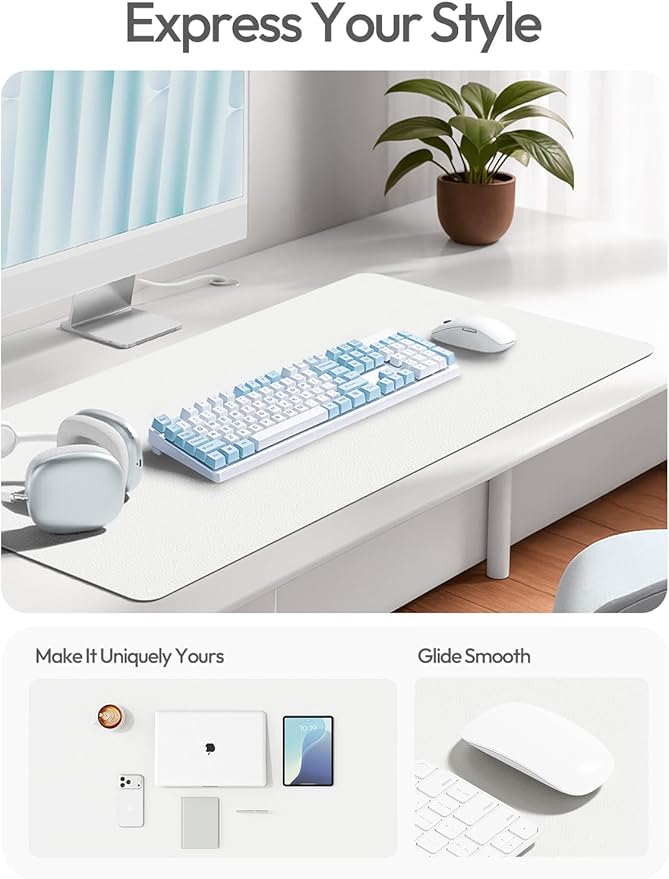 YSAGi Leather Desk Protector, Office Mat, Large Mouse Mat, Non-Slip PU Leather Blotter, Laptop Desk Pad, Waterproof Writing Pad for Office and Home (White, 47" x 17")