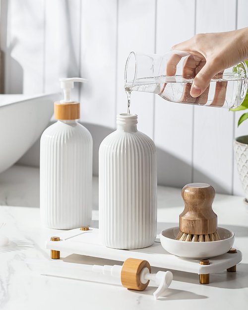 Getstar Hand and Dish Soap Dispenser Set, Ceramic Soap Dispenser for Bathroom and Kitchen with Rust Proof Pump and Tray, Set of 2 (White Pump&Body w/Brush)