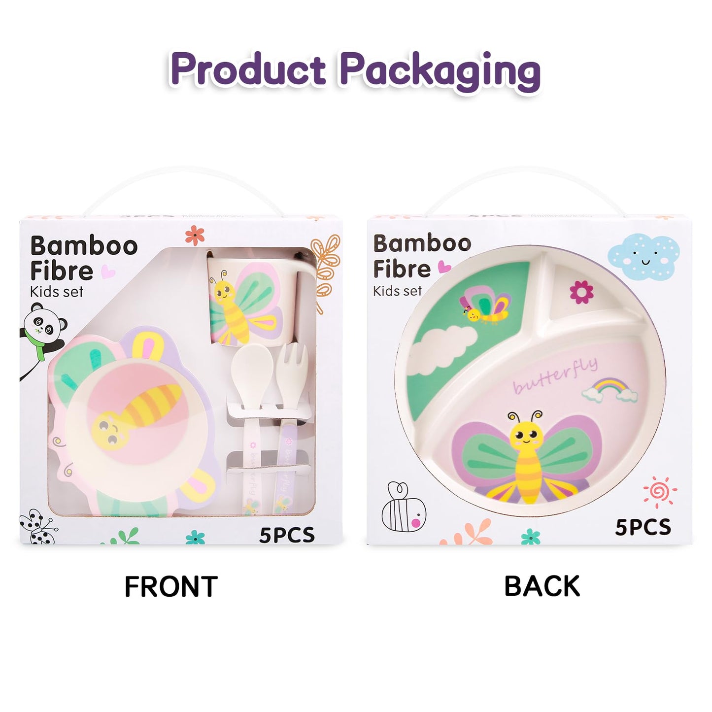 PHEENOWL Kids Dinnerware Set, Includes Toddler Plate Bowl Tumbler and Utensils, BPA Free Bamboo Fiber Material Perfect for Little Girls (Purple - Butterfly Theme)