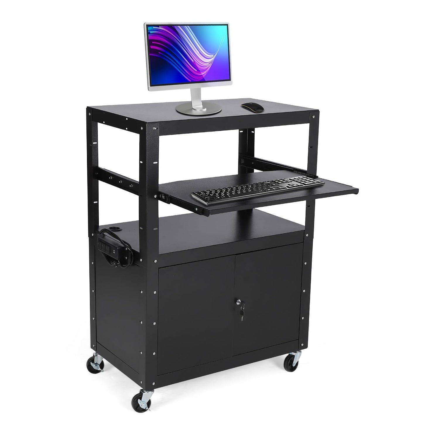 GAOMON Rolling AV Cart with Locking Cabinet, Laptop Stand, and Drop Leaves, Height Adjustable Mobile Utility Cart Workstation with Extra Storage Space, Power Strip